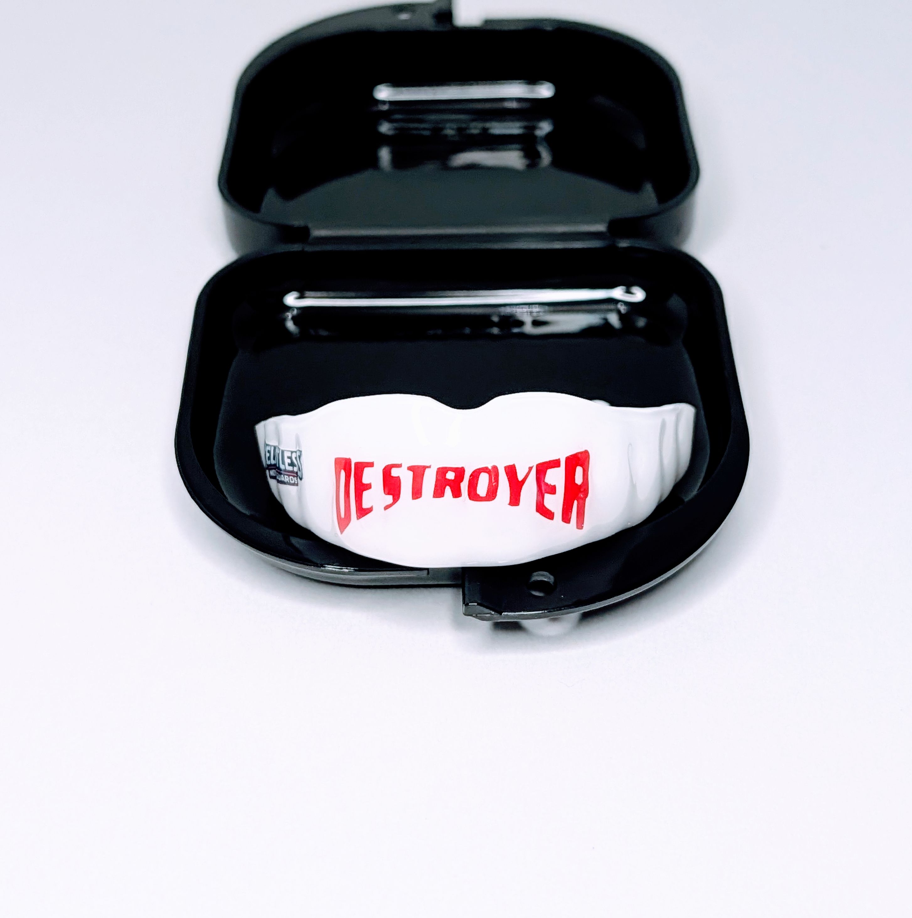 Blue custom mouthguard with bold text layout